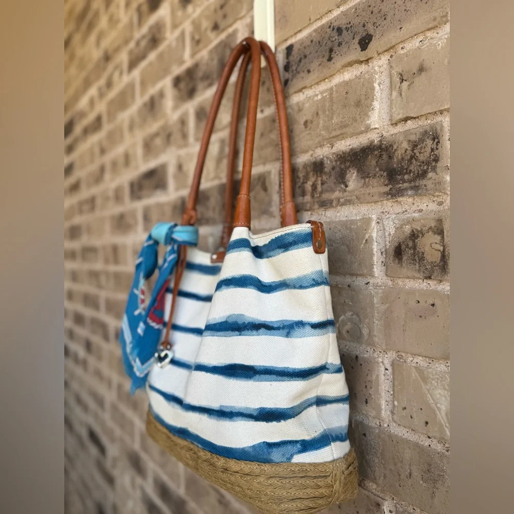 Brighton Espadrille Blue and White Striped Nautical Tote with Tan Handles - Picture 8 of 16